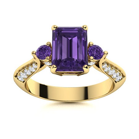 8x6mm Emerald Cut Amethyst Ring 925 Sterling Silver Gold Plated Three Stone Band