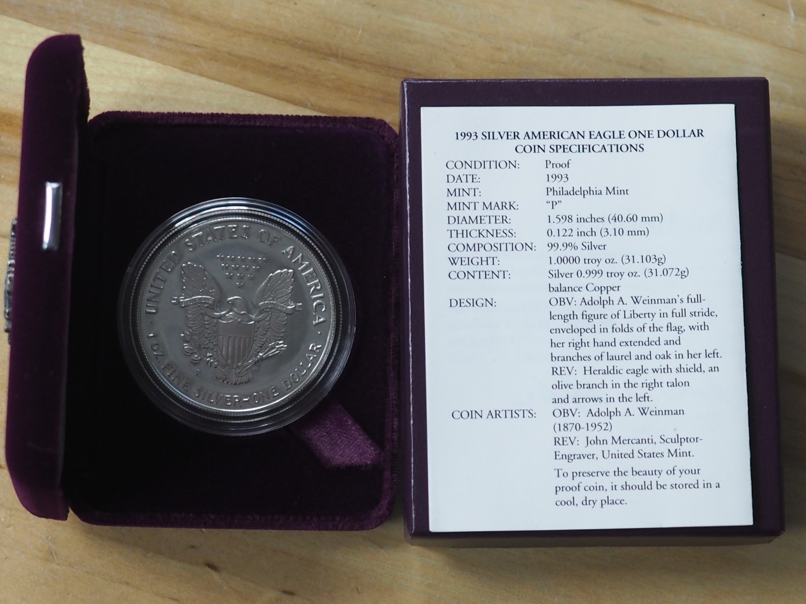 1993-P $1 AMERICAN SILVER PROOF EAGLE w/OGP & COA - FREE SHIPPING!