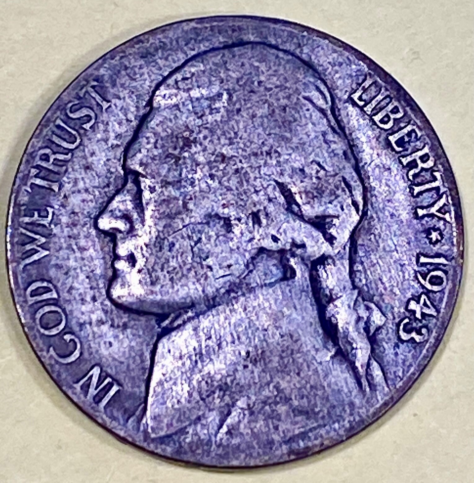 1943 P Jefferson Silver War Nickel With A Lamination/Die Break Error