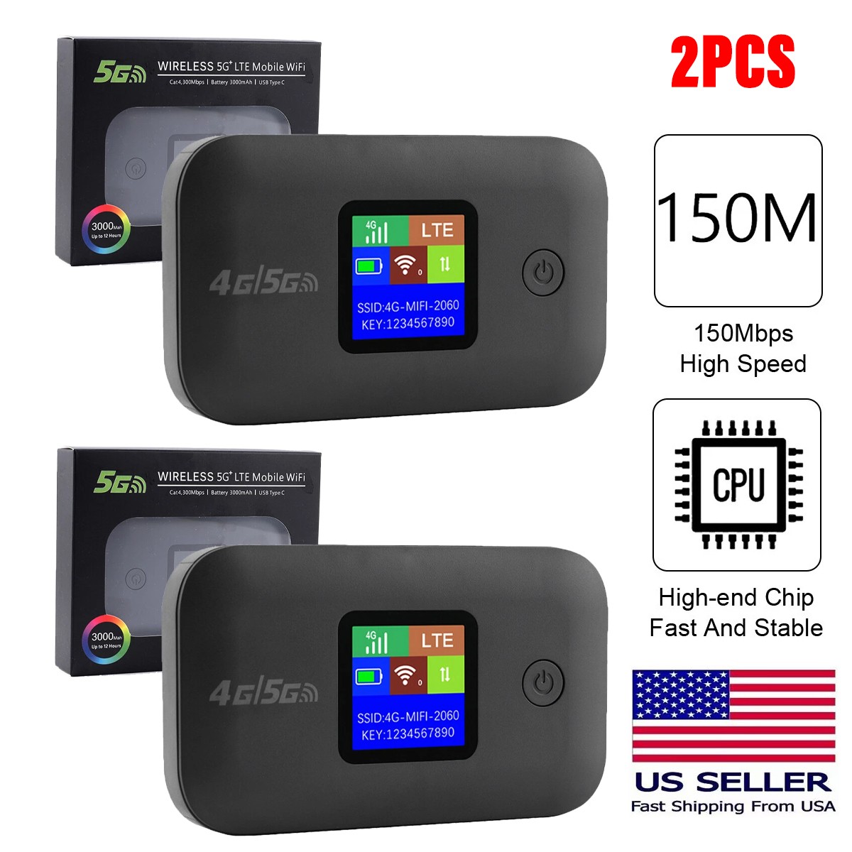 2Set Mobile Wifi 5G 4G SMART WIFI BOX Portable Modem Mifi Hotspot 150Mbps US