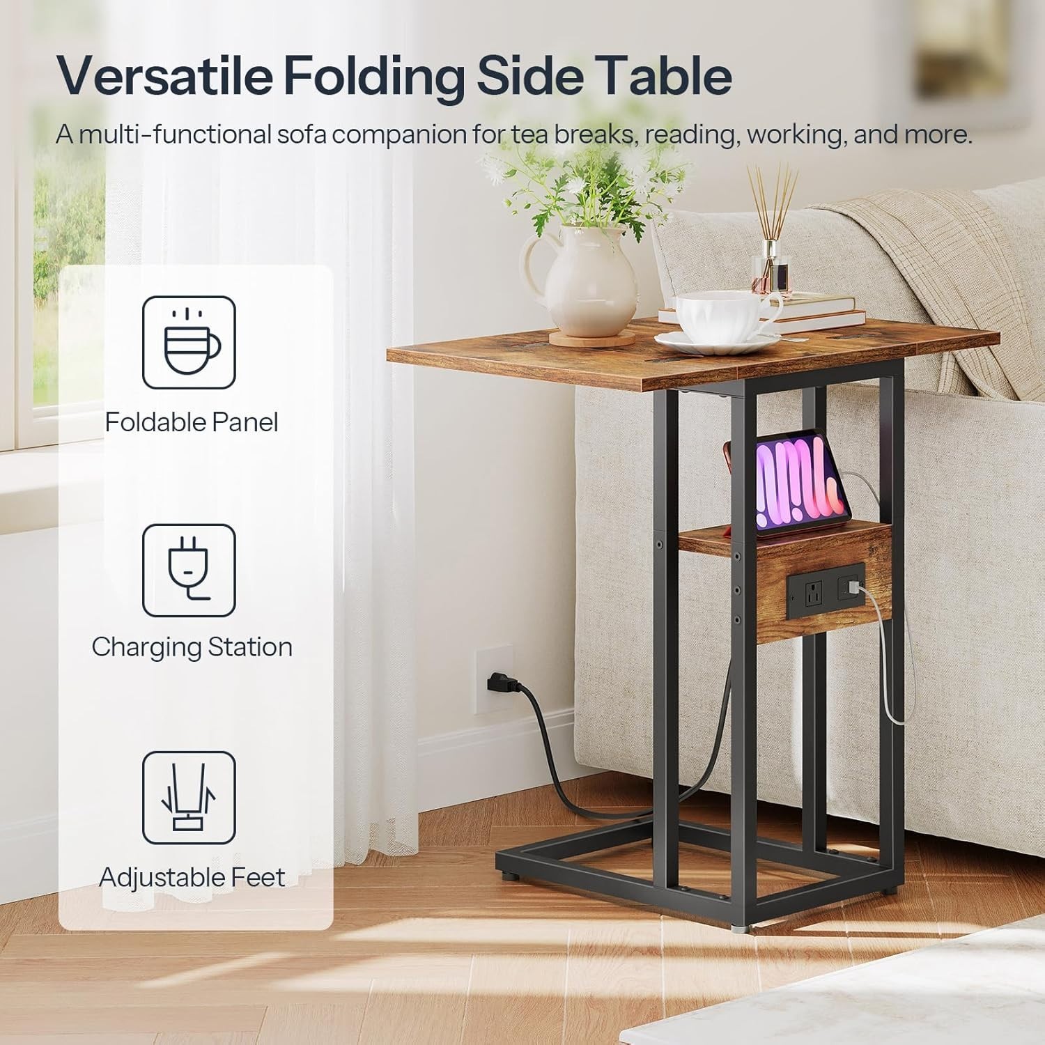 Multi-Functional Rustic C-Shaped Table with Charging Station for Modern Living