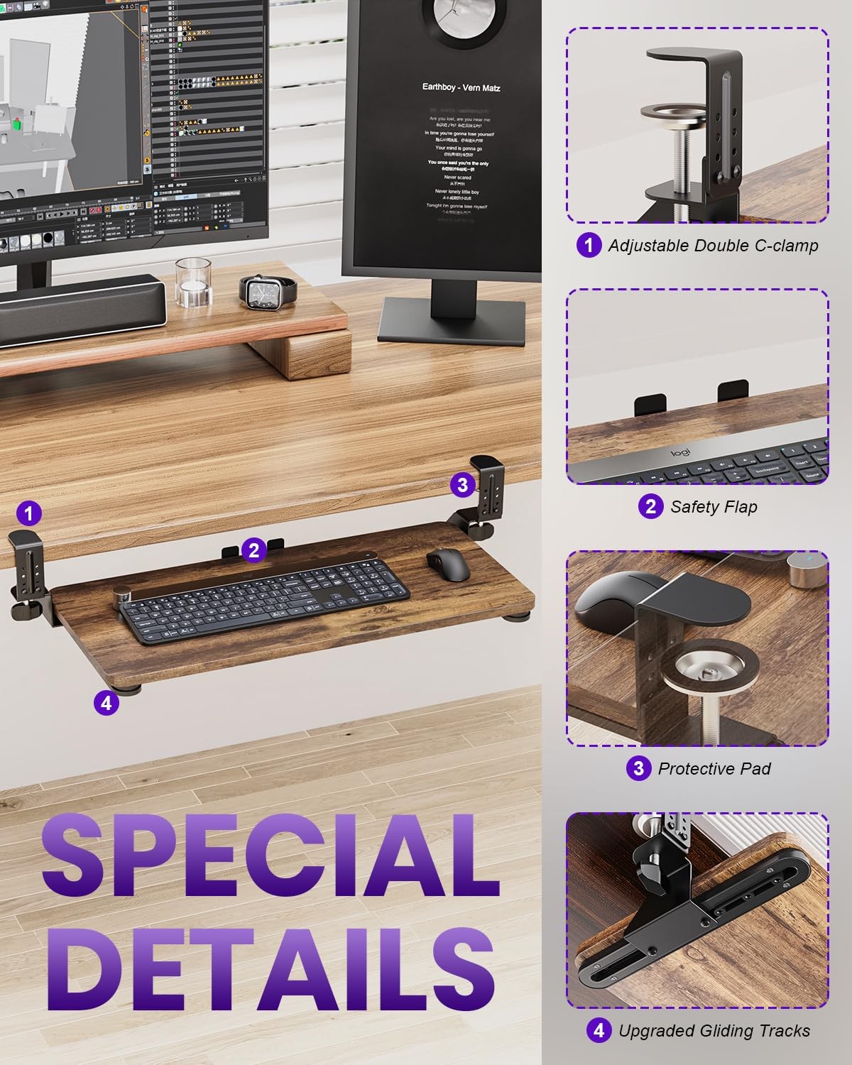 Ergonomic Keyboard Tray Under Desk, Pull Out with Adjustable -clamp, 25.6 (31...