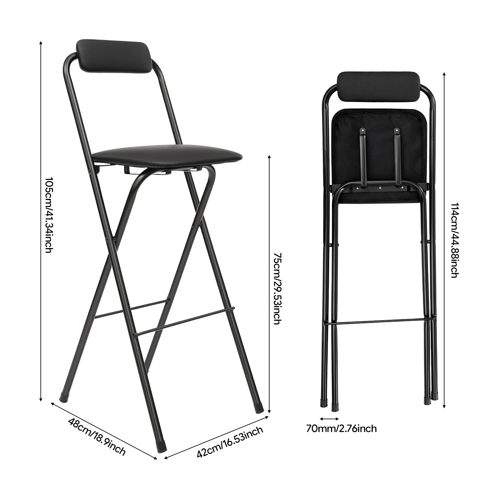 2Pcs Black Foldable Bar Chair Modern Tall Folding Chair Portable Folding Stool