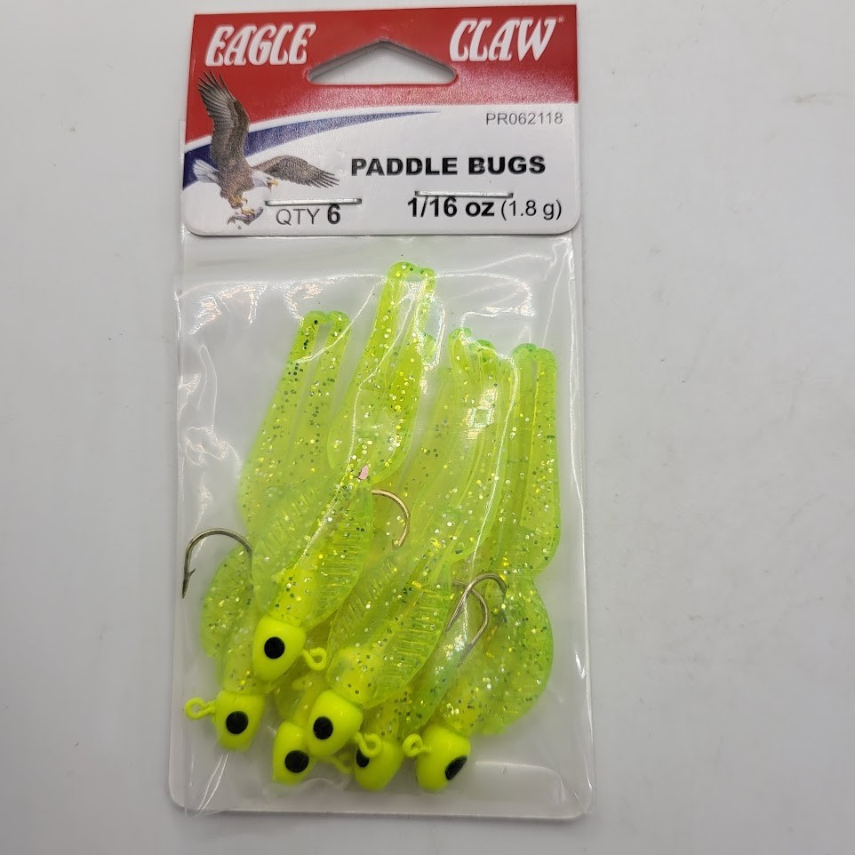 6 Eagle Claw Paddle Bugs Chartreuse 1/16 oz Jig Heads 6 per pack Crappie Perch