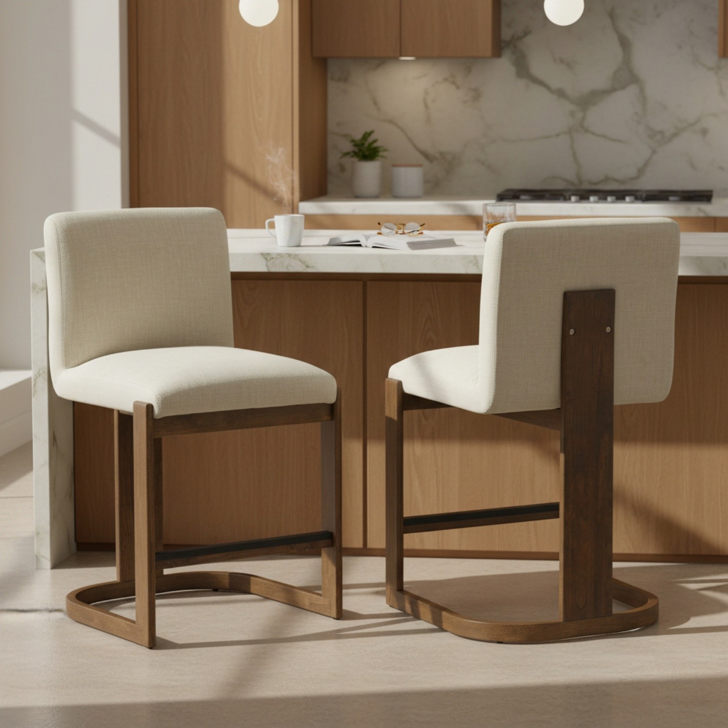 Set of 2 Counter Height Upholstered Bar Stools with Wooden Legs & Metal Footrest