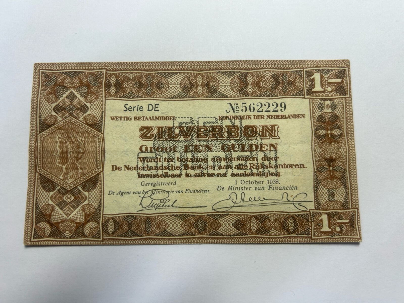 Netherlands 1 Gulden Zilverbon 1938 – DE 562229