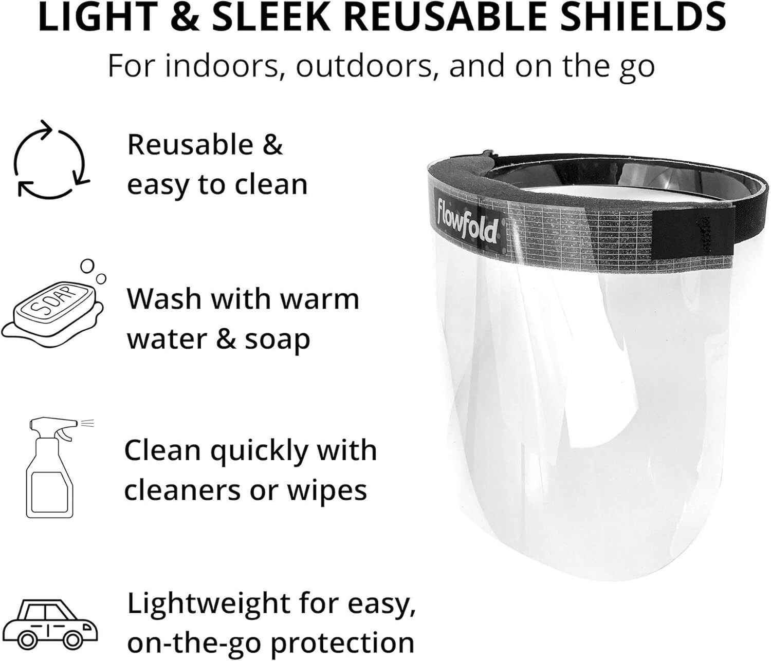 Flowfold Face Shields -- Case of 100 Protective Face Shields, Clear Plastic