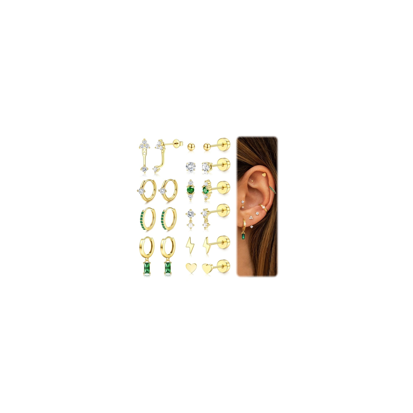 Hypoallergenic Flat Back Earrings Dainty Gold Cartilage Earring Sets for Mult...