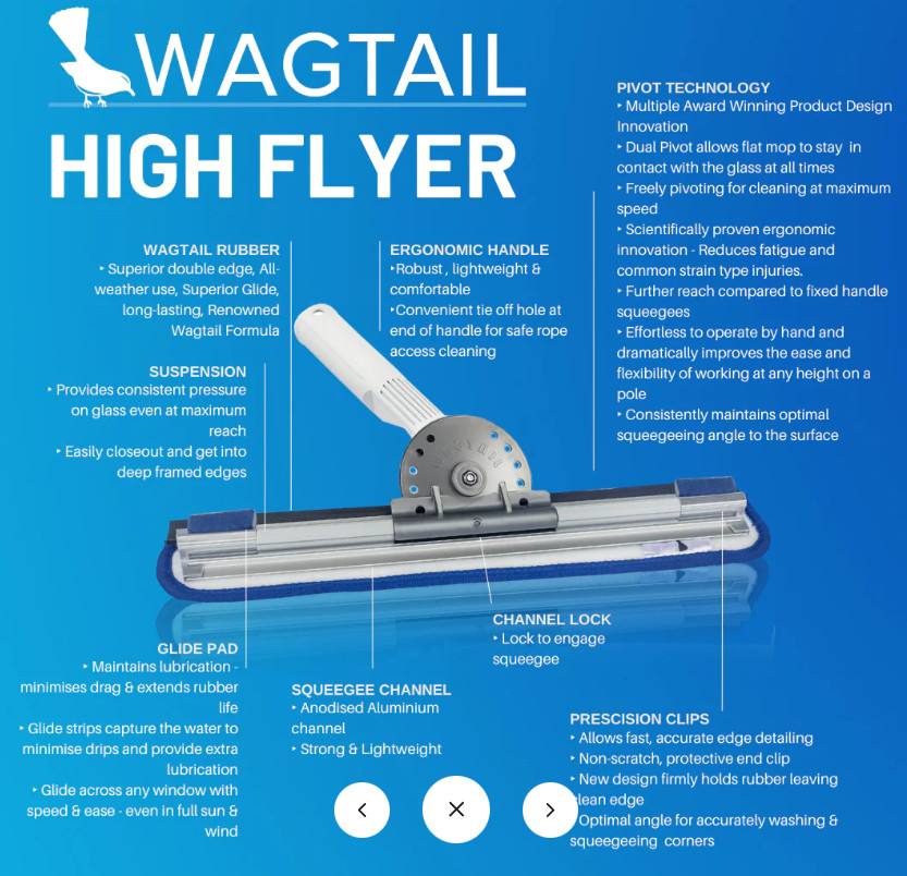 Wagtail High Flyer Window Cleaning Tool Dual Pivot 35cm/14" Microfibre, Squeeqee
