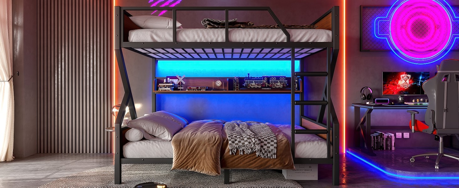 Metal Full over Full Bunk Bed with Storage Shelves Lights Space-saving Black New