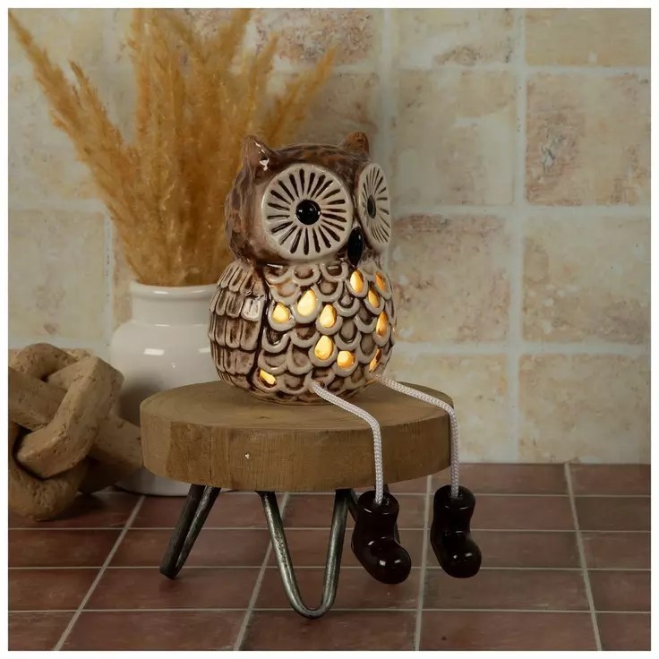 Retro Big Eyed Ceramic Owl with Dangling Feet LED Light Shelf Sitter Figure