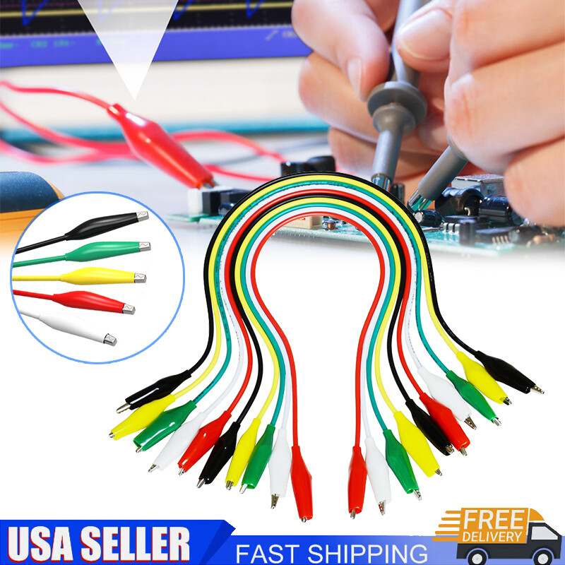 10Pcs Double-ended Wire Crocodile Alligator Clips Test Leads Jumper Cable US