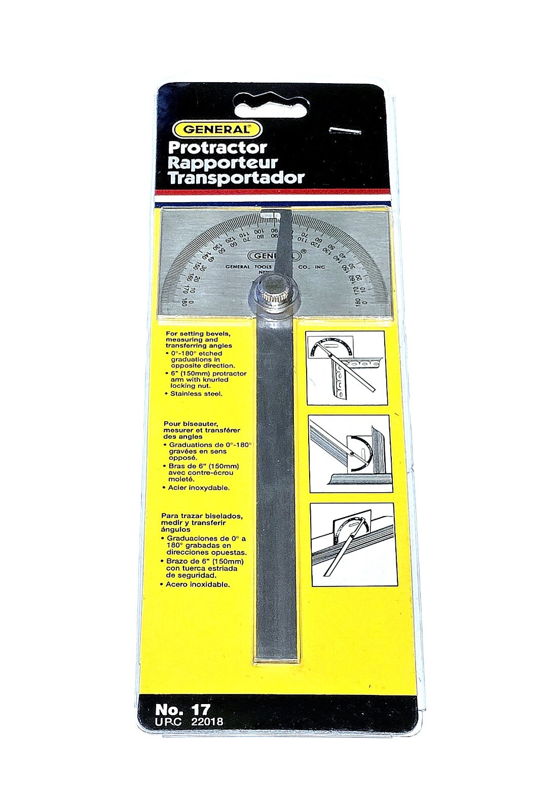 GENERAL TOOLS #17, Protractor, Stainless Steel, 6 Inch Locking Arm, 0-180°