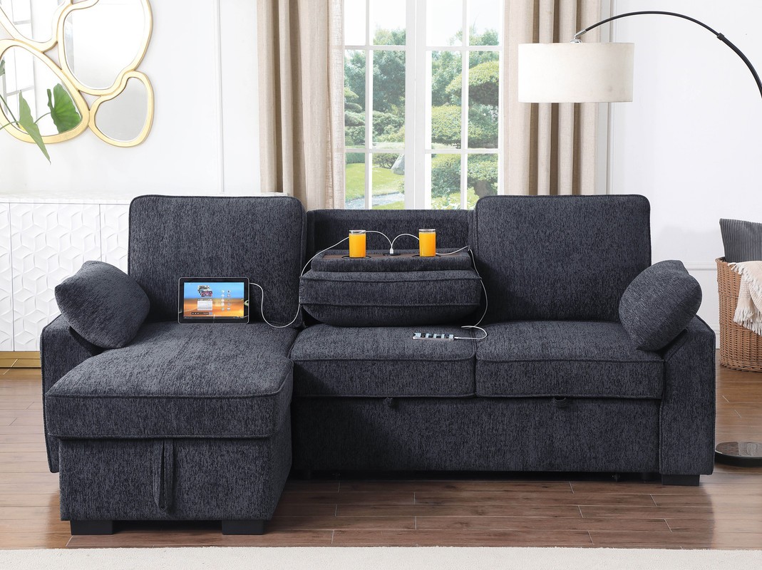 Mackenzie 91"W Charcoal Chenille Rev.Sleeper Sect. Storage+Cuphldrs+USB Ports