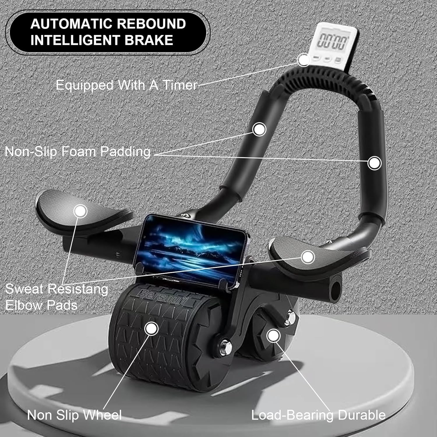 2025 New Ab Roller Wheel with Timer & Knee Mat,Automatic Rebound Black