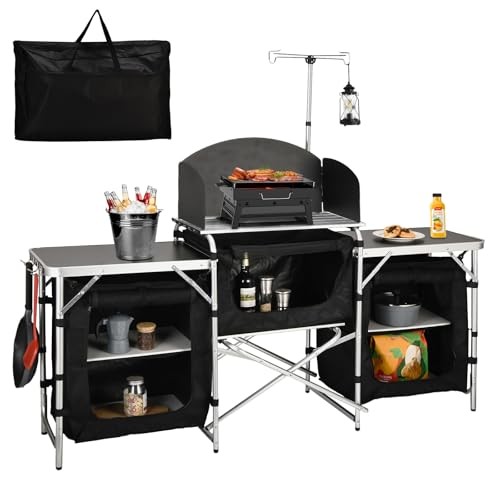 Cmaping KitchenTable, Aluminum Folding Camping Cook Black With Three Cupboard