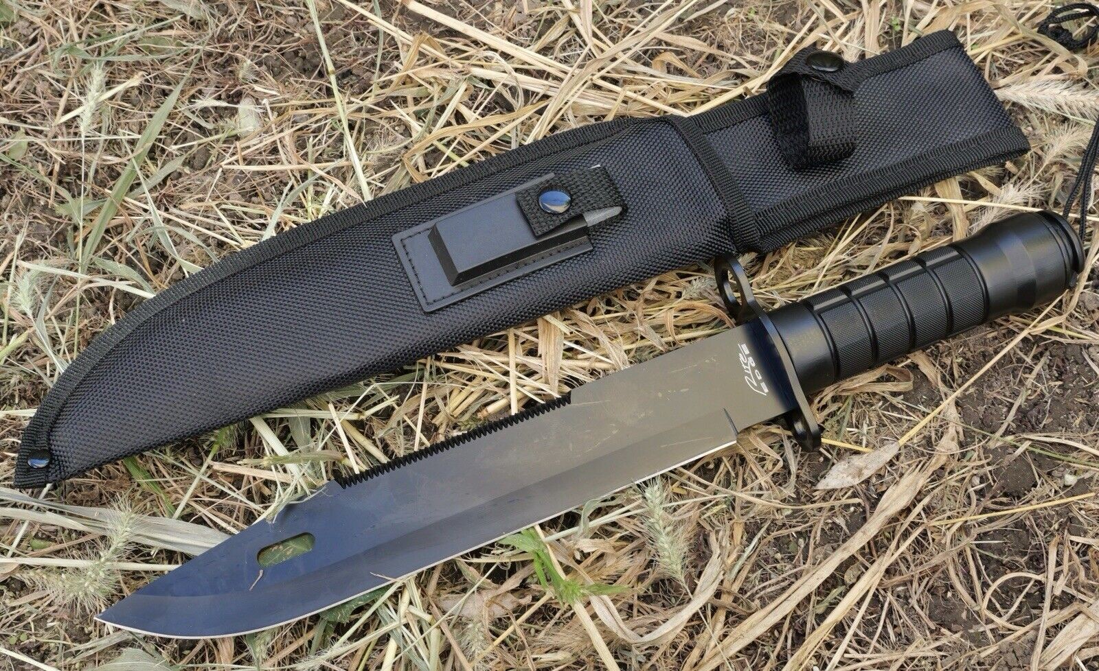 15” Survival Knife XL Black Sharpening Stone Kit Sawback Stealth Heavy Duty
