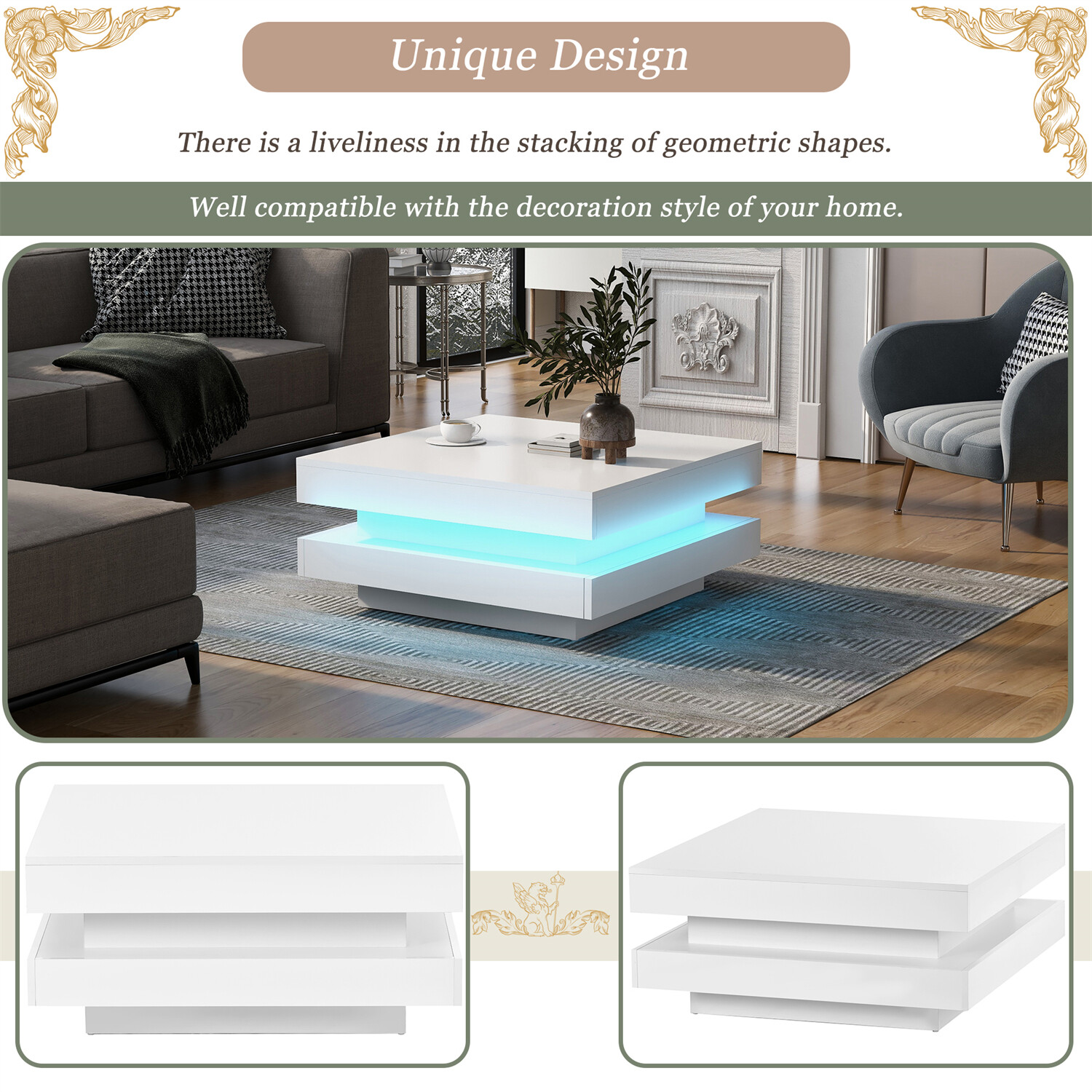 High Gloss Square LED Coffee Table Side End Table Center Table w/ LED Light