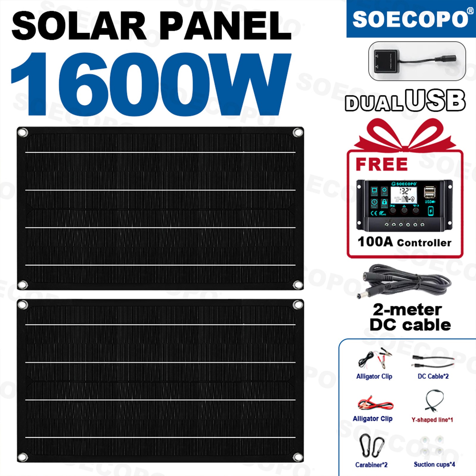 1600W Solar Panel Kit - 2 x800W + 100A Controller + Extension Cord Multi-Scene