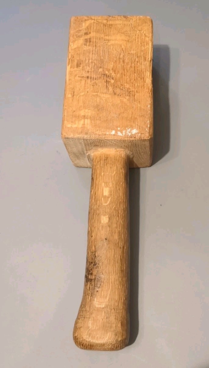 Vintage Primitive Wooden Mallet Hammer Solid Wood Carved From One Block