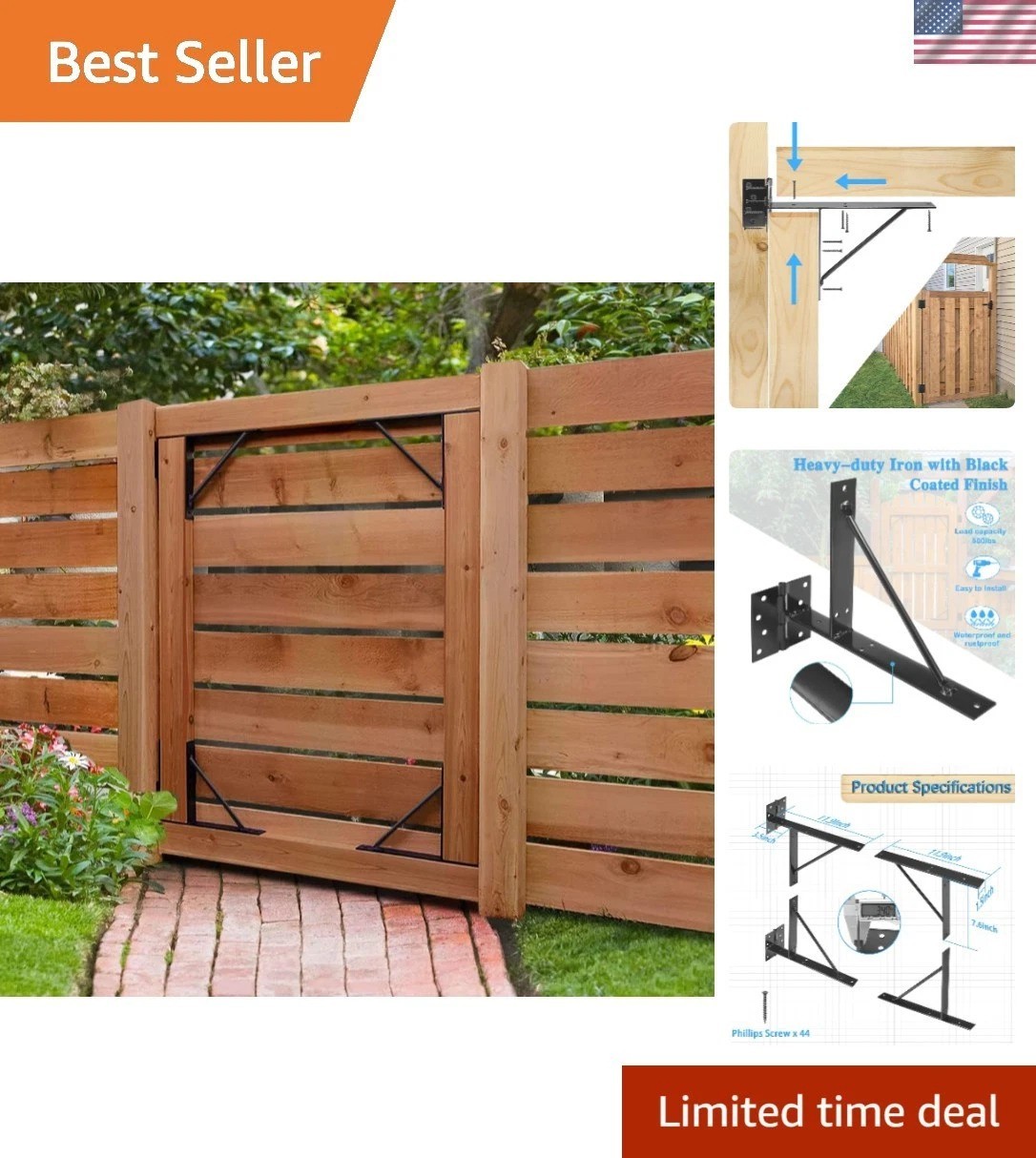 Durable Black Steel Gate Hardware Kit - Anti-Sag Hinge Bracket Set for Doors