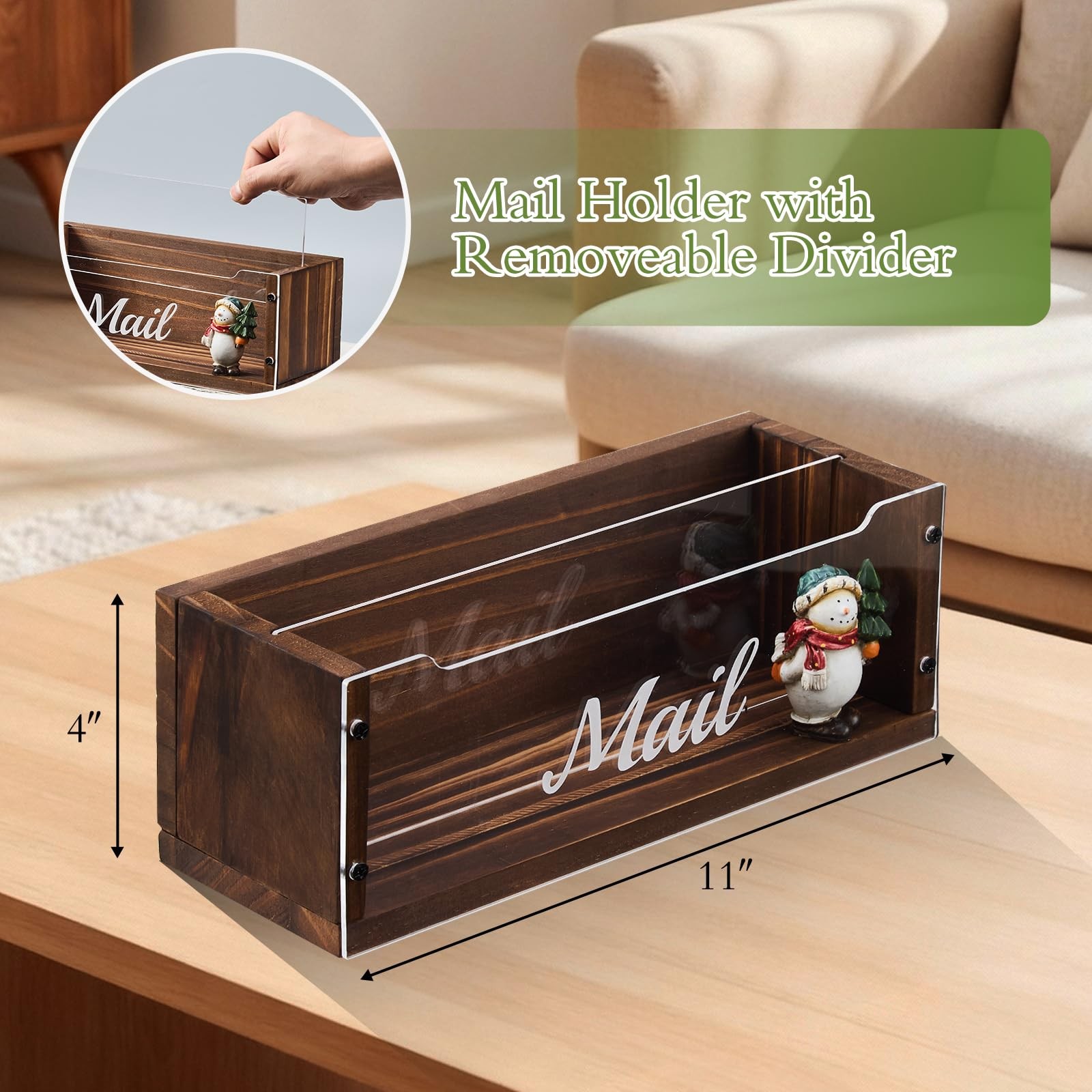 Clear Acrylic Divider 2 Slot Mail Holder Solid Wood Desktop Organizer