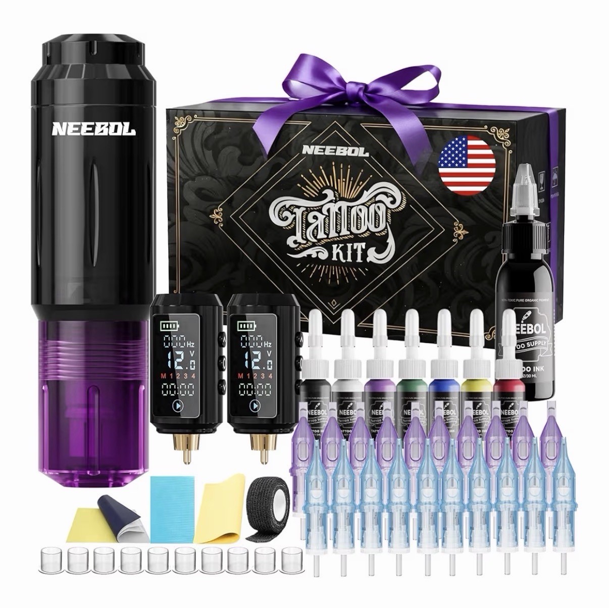 NEEBOL Tattoo Kit Dual Battery 8000 RPM Machine 7 Inks 20 Needles Accessories