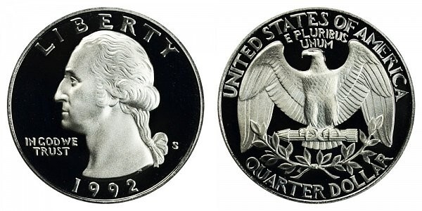 1992 S GEM BU PROOF WASHINGTON QUARTER BRILLIANT UNCIRCULATED PF/US COIN #1348
