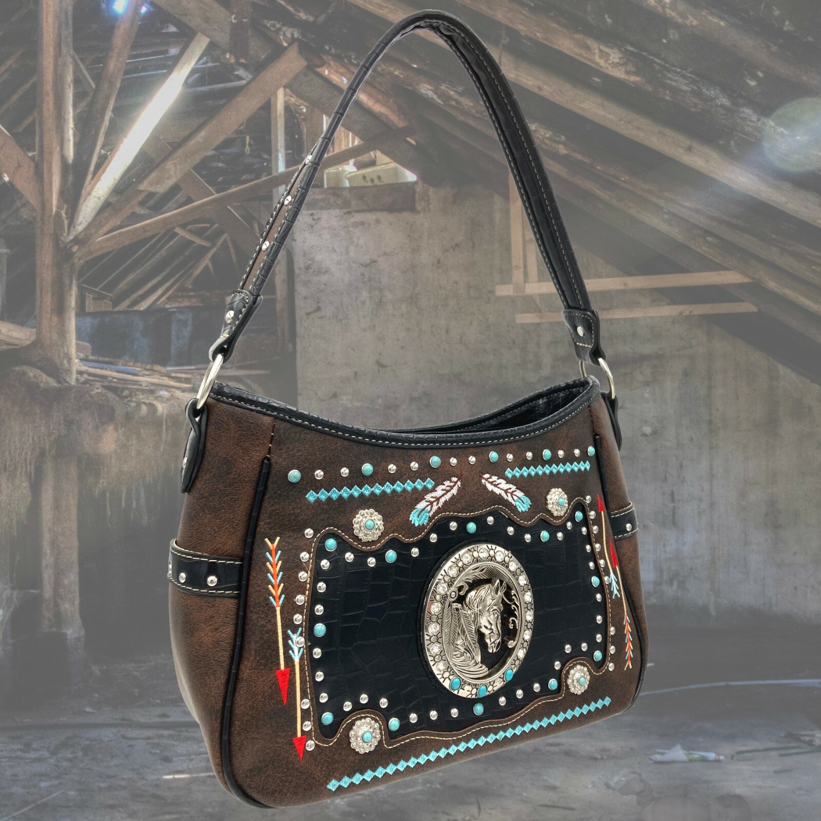 Wild Western Horse Embroidery Western Floral Concealed Carry Handbag Hobo Purse