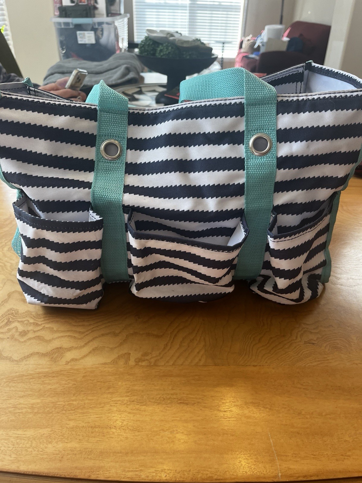 Thirty One Utility Tote Bag Organizer Craft Teacher Carryall Black White Teal