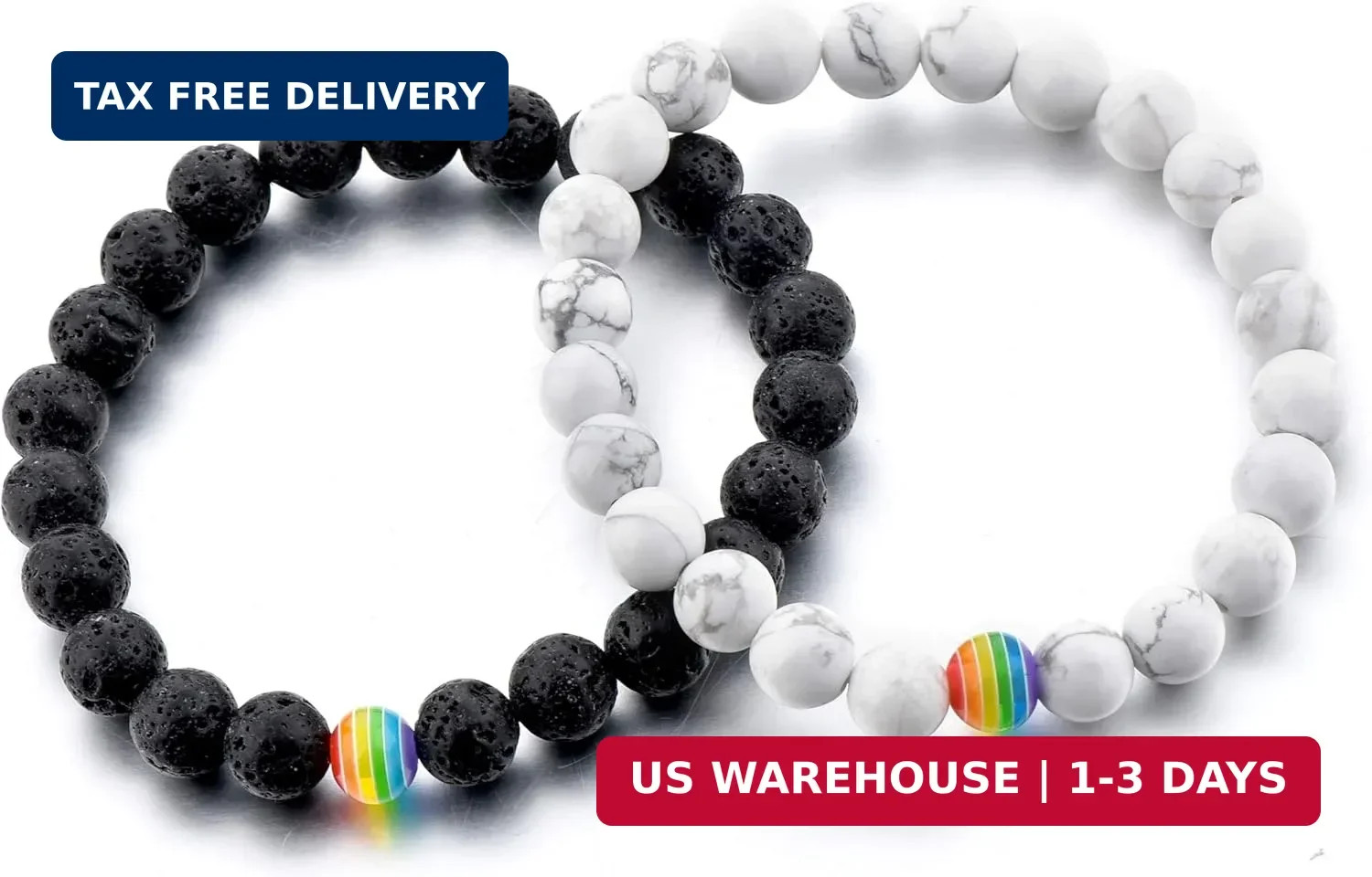 LGBT Relationship Bracelet | 2 Pieces | White Howlite, Black Matte Agate, Rainbo