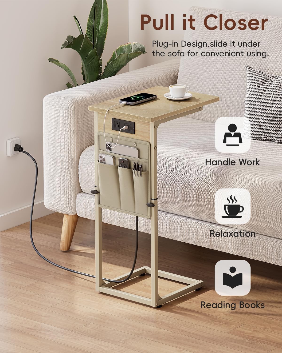 C Shaped End Table W/ Charging Station Adjustable Height C Table End Table Small