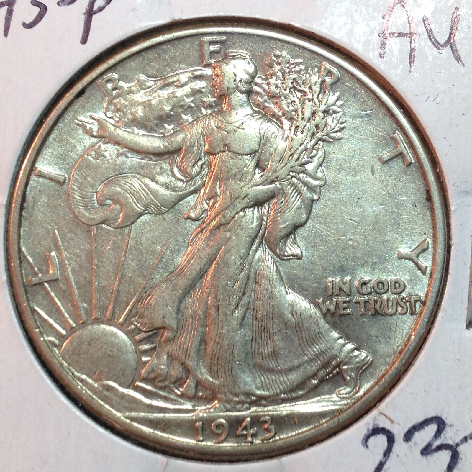 1943-P  AU   Walking Liberty Half Dollar      Nice Coin    Combined Shipping