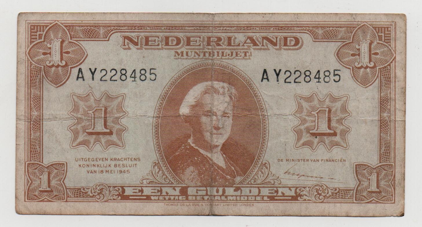 NETHERLANDS 1 GULDEN 1945 PICK 70 LOOK SCANS