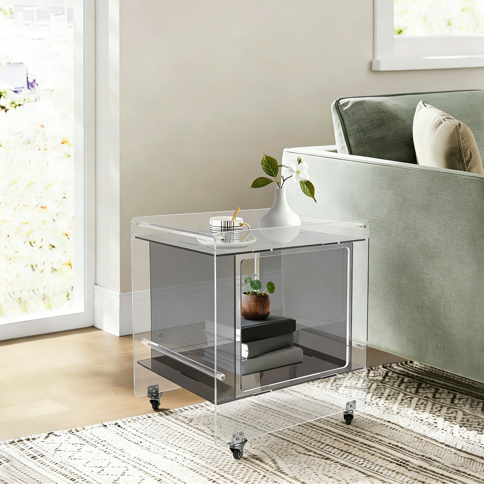 46x40x55cm Side Table Acrylic Mobile Table Multifunctional End Table with Wheels