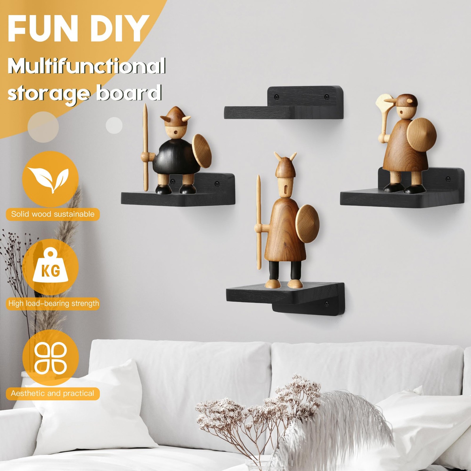 Mini Floating Wall Shelves Rustic Wood Display Ledges 4x4 Inch Black