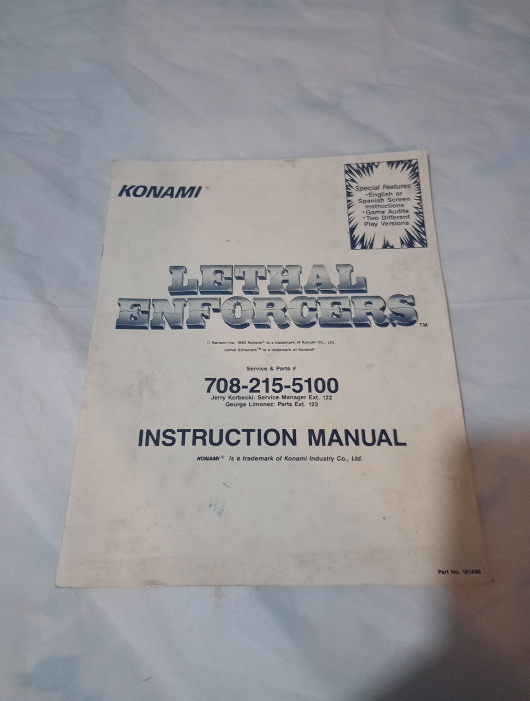 Konami Lethal Enforcers Original Manual For Arcade #054