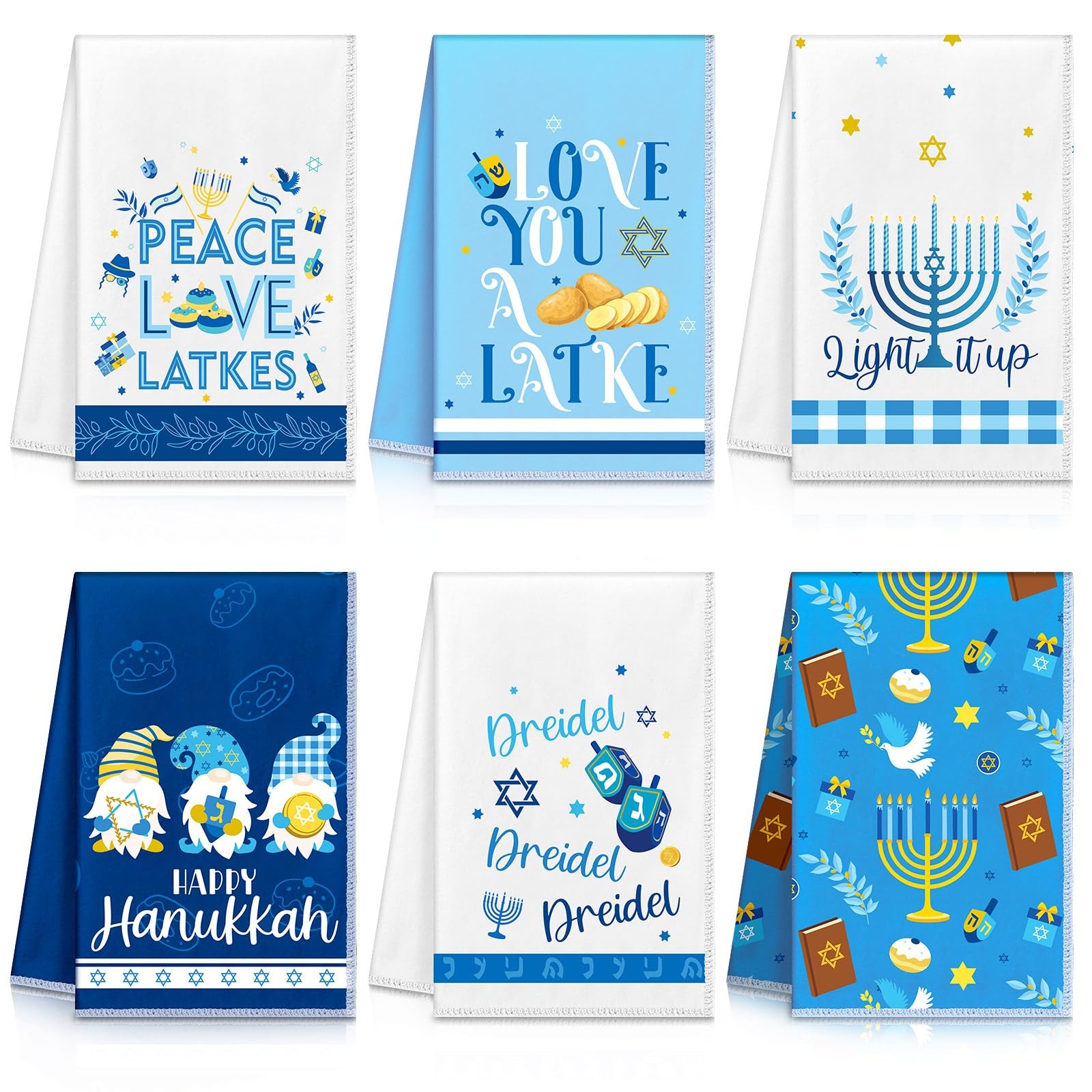 6 Pieces Hanukkah Kitchen Towels Hanukkah Decorations for Home Blue Menorah G...