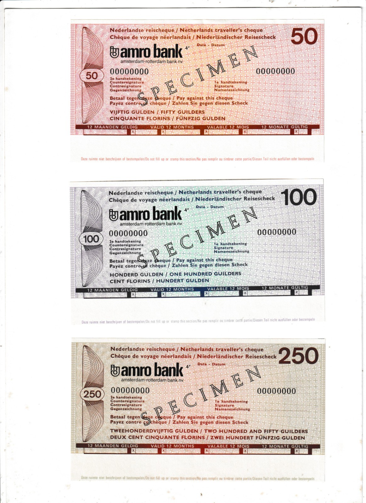 AMRO BANK  3  SPECIMEN TRAVELLERS  CHEQUE  ON LEAFLET