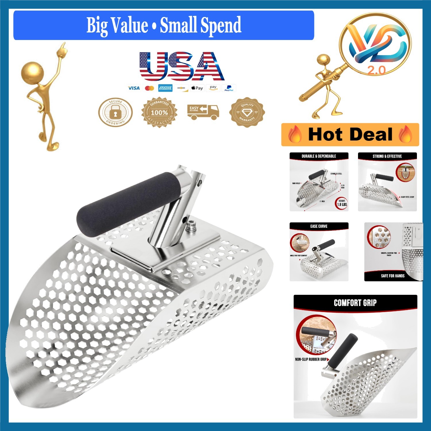 Stainless Steel Sand Scoop for Metal Detecting Beach Underwater Treasure Hunting