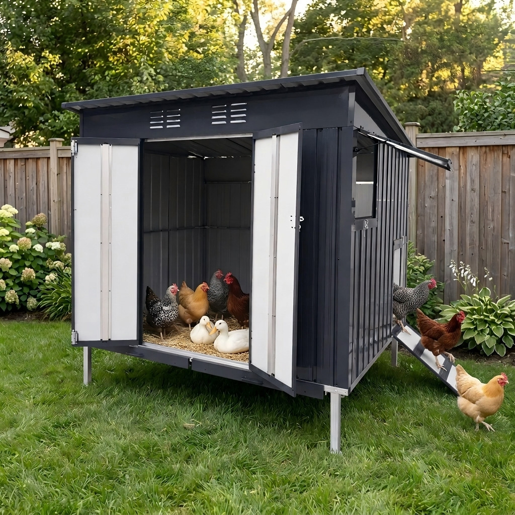 Outdoor Metal Chicken Coop w/Pull Out Waste Trays, Raised Base & Adjustable Vent