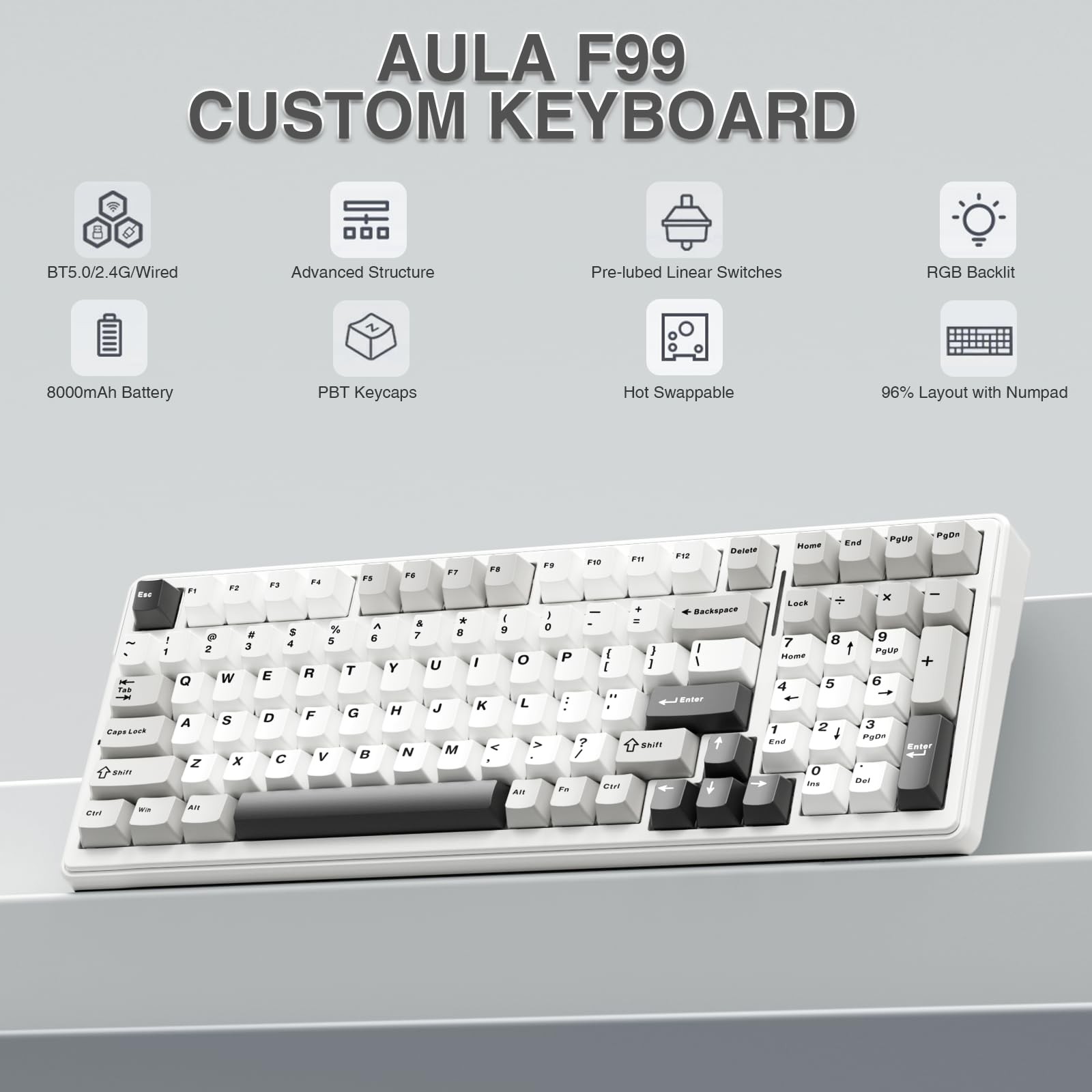 Aula F99 Wireless Mechanical Keyboardtri-Mode Bt5.0/2.4Ghz/Usb-C Hot Swappable