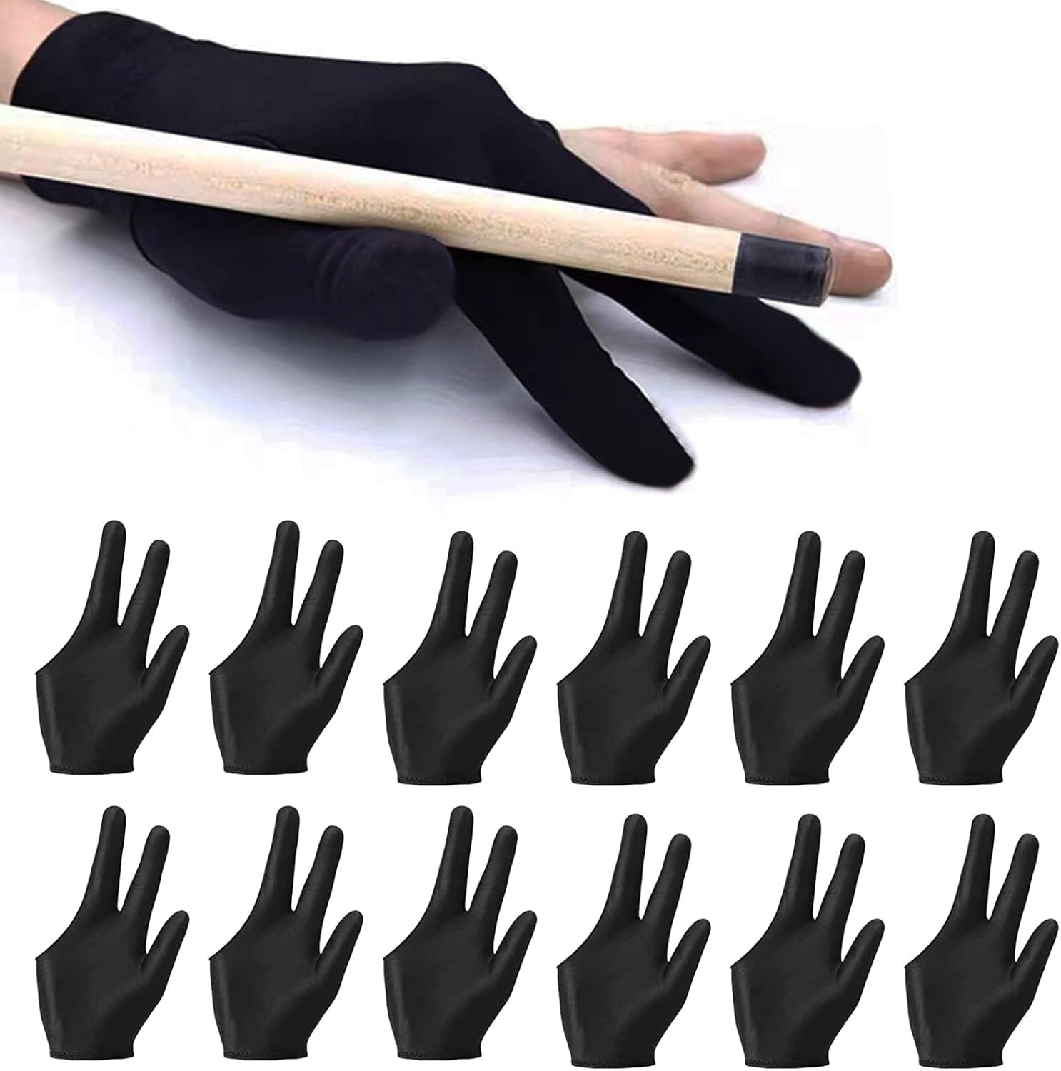 12Pieces Billiard Gloves Breathable 3-Finger Cue Pool Glove Elastic Nylon Uni...