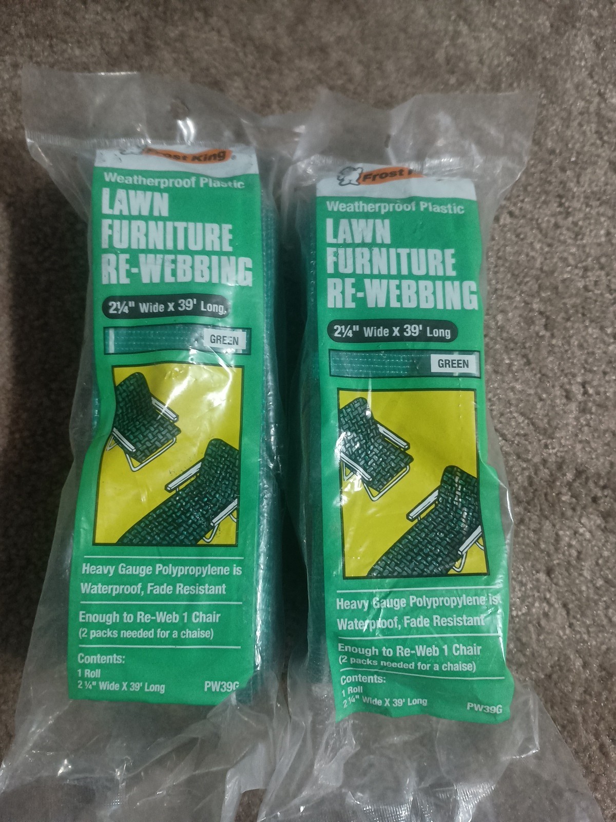 Lot of 2 Frost King Lawn Chair Webbing Green 39’ L x 2.25" W PW39G New