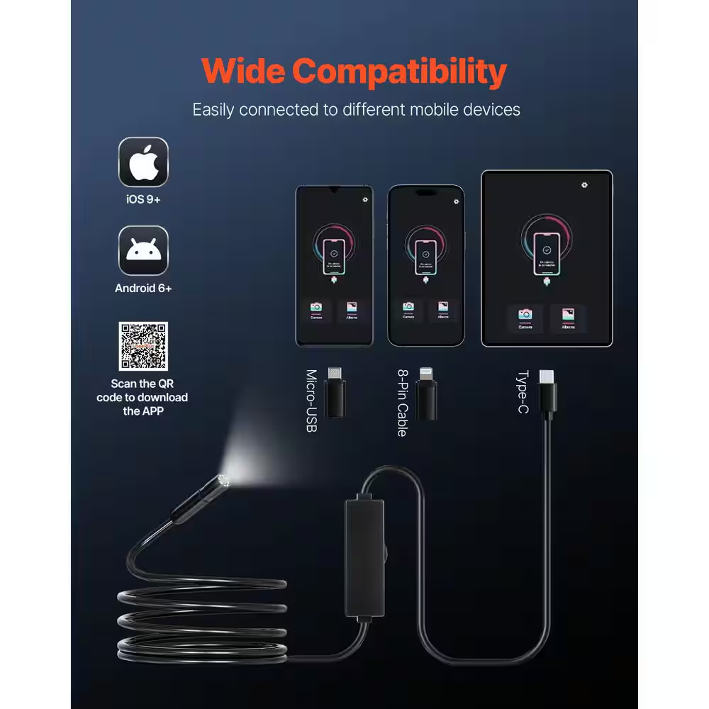 1920P HD Endoscope with Light, Android/Ios Compatible. 8 LED Lights, 10 Ft. Semi