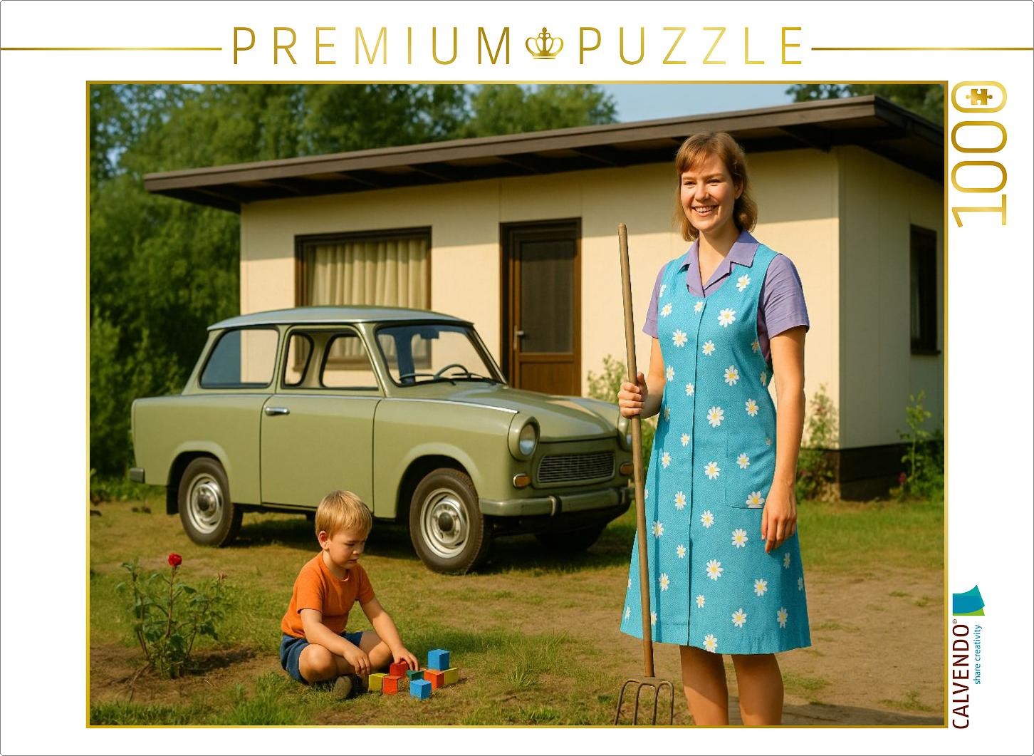 CALVENDO Puzzle Das kleine Glück mit Datsche und Kittelschürze und Trabant 601 |