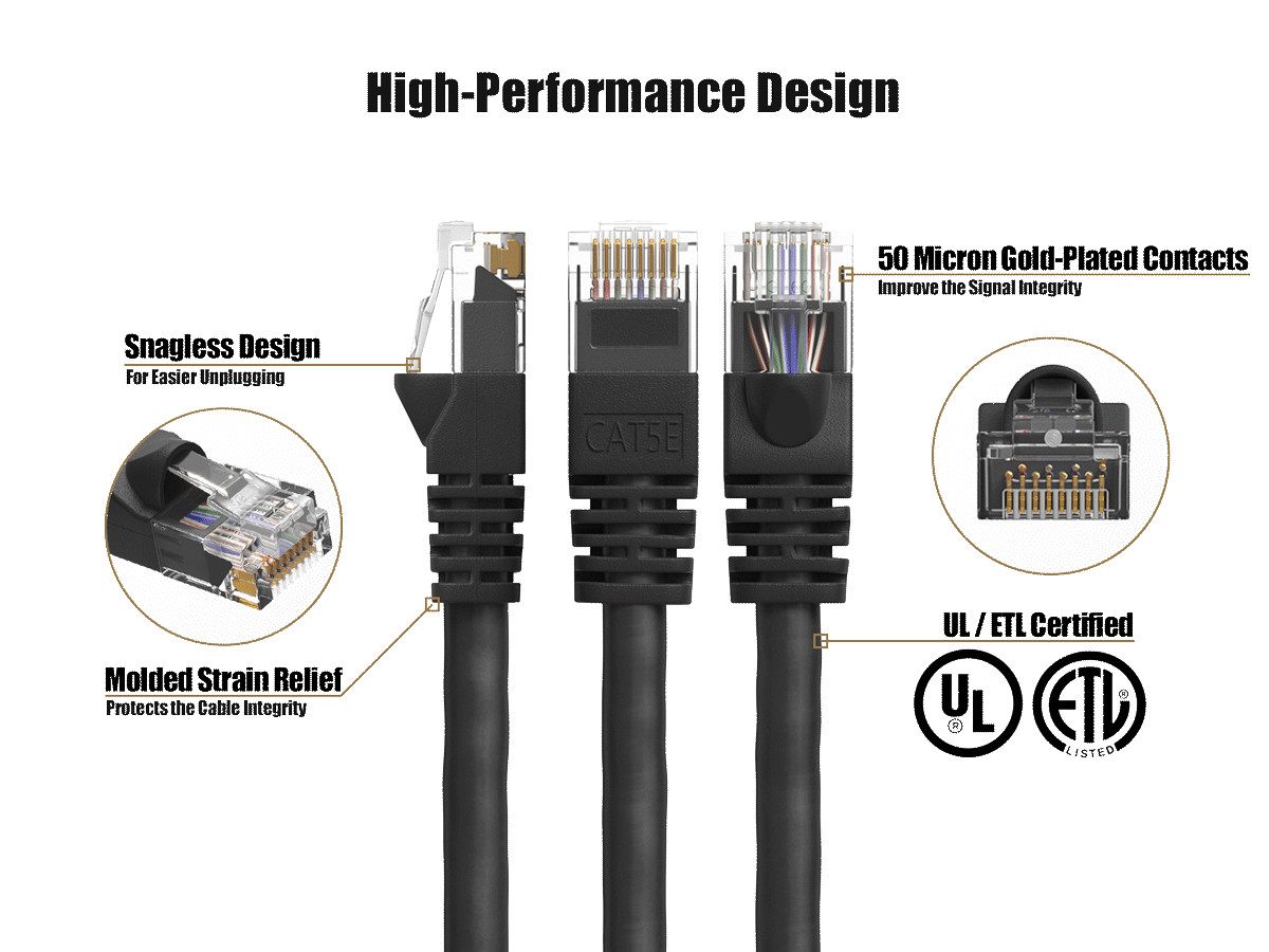 35ft Cat5e UTP Ethernet Network Patch Cable Snagless 24AWG Bare Copper, Black