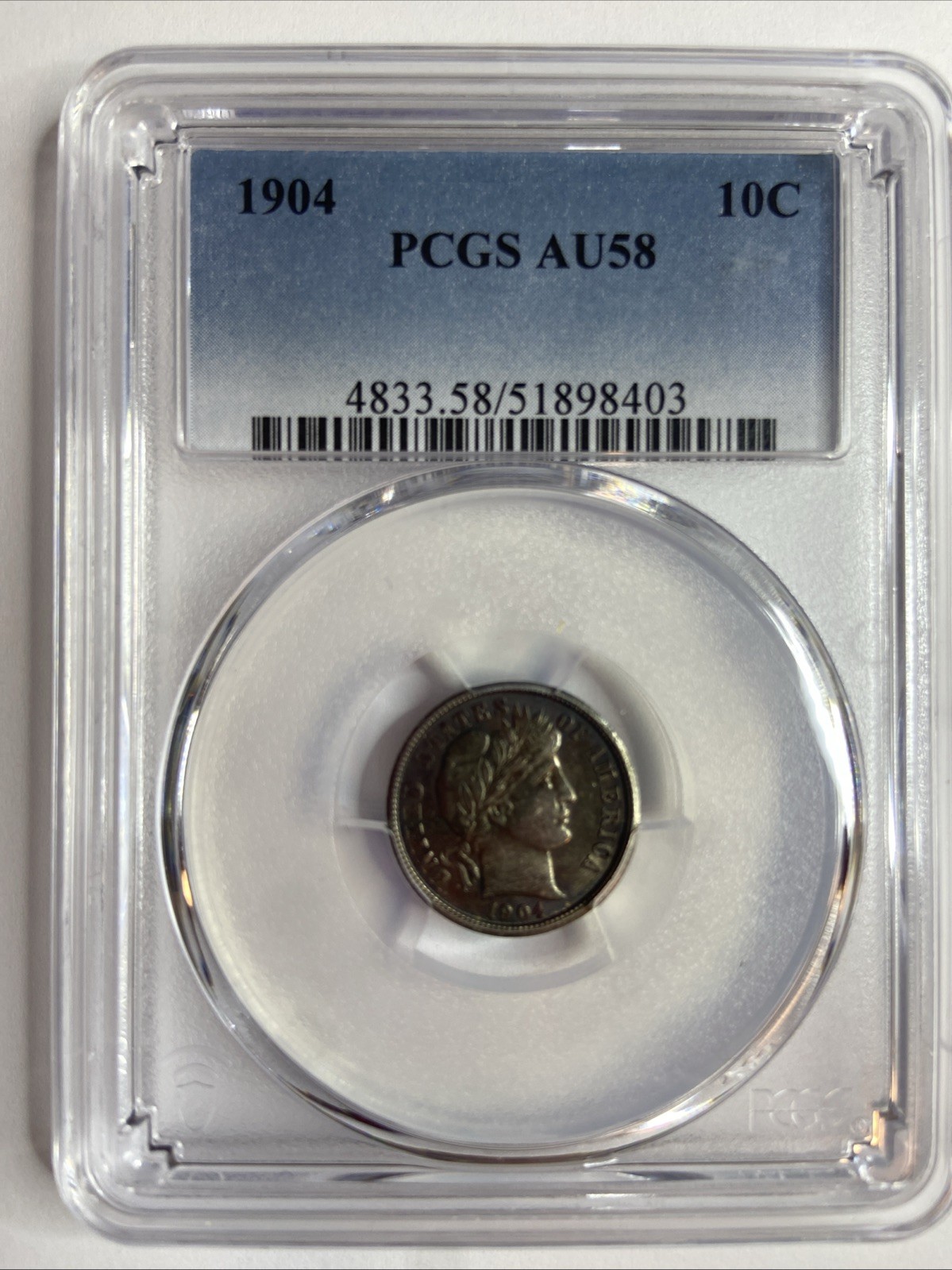1904 BARBER DIME - PCGS AU-58