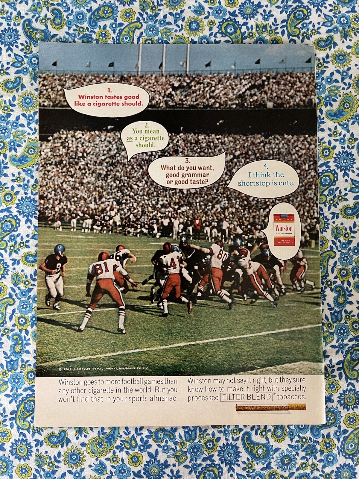 Winston Cigarettes 1970 Print Ad Football Game Stadium Crowd