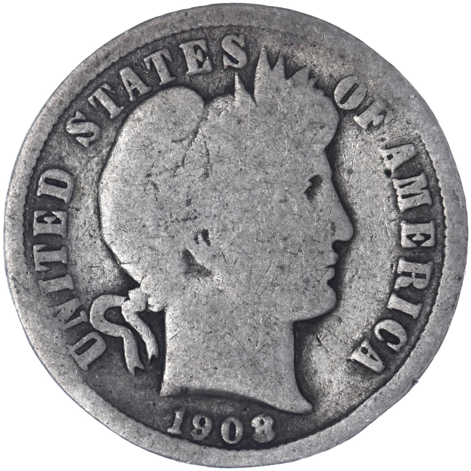 1908 (P) Barber Dime 90% Silver Good GD